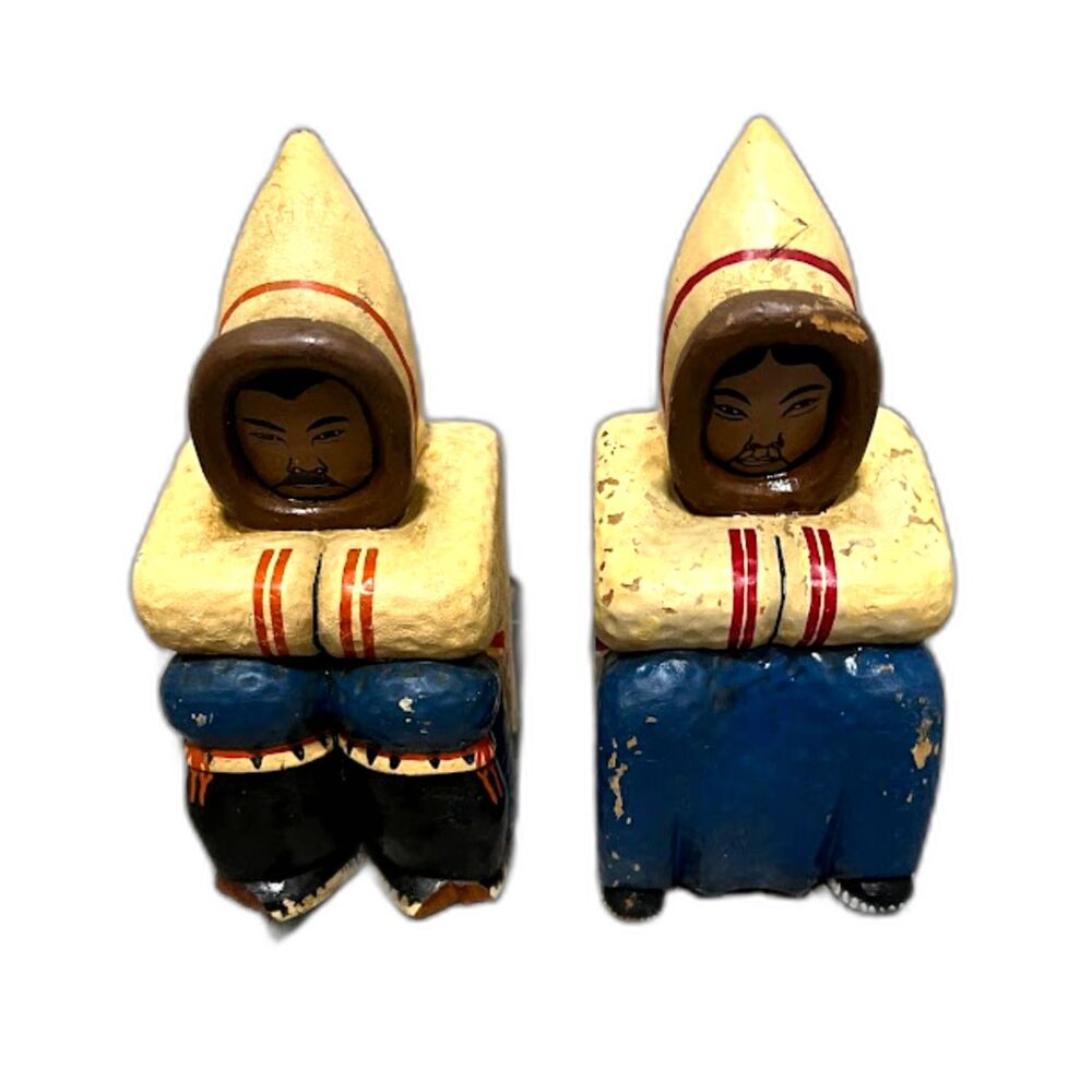 Vntg Grenfell Bookends Wooden Inuit Carved Handmade Canada Folk Art Rare Pair**